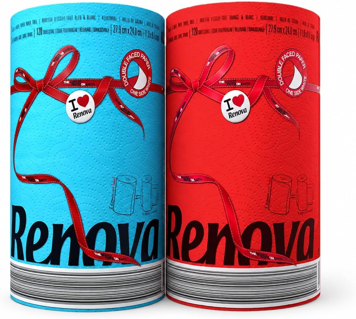 image:imageRenova Colored Paper Towel Bundle 2 Jumbo Rolls Red amp Blue 2Ply 120 Sheets Each FSC Certified Decorative Kitchen Paper Towels