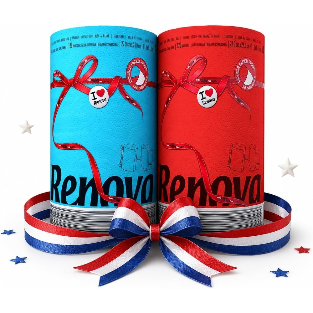 image:imageRenova Colored Paper Towel Bundle 2 Jumbo Rolls Red amp Blue 2Ply 120 Sheets Each FSC Certified Decorative Kitchen Paper Towels