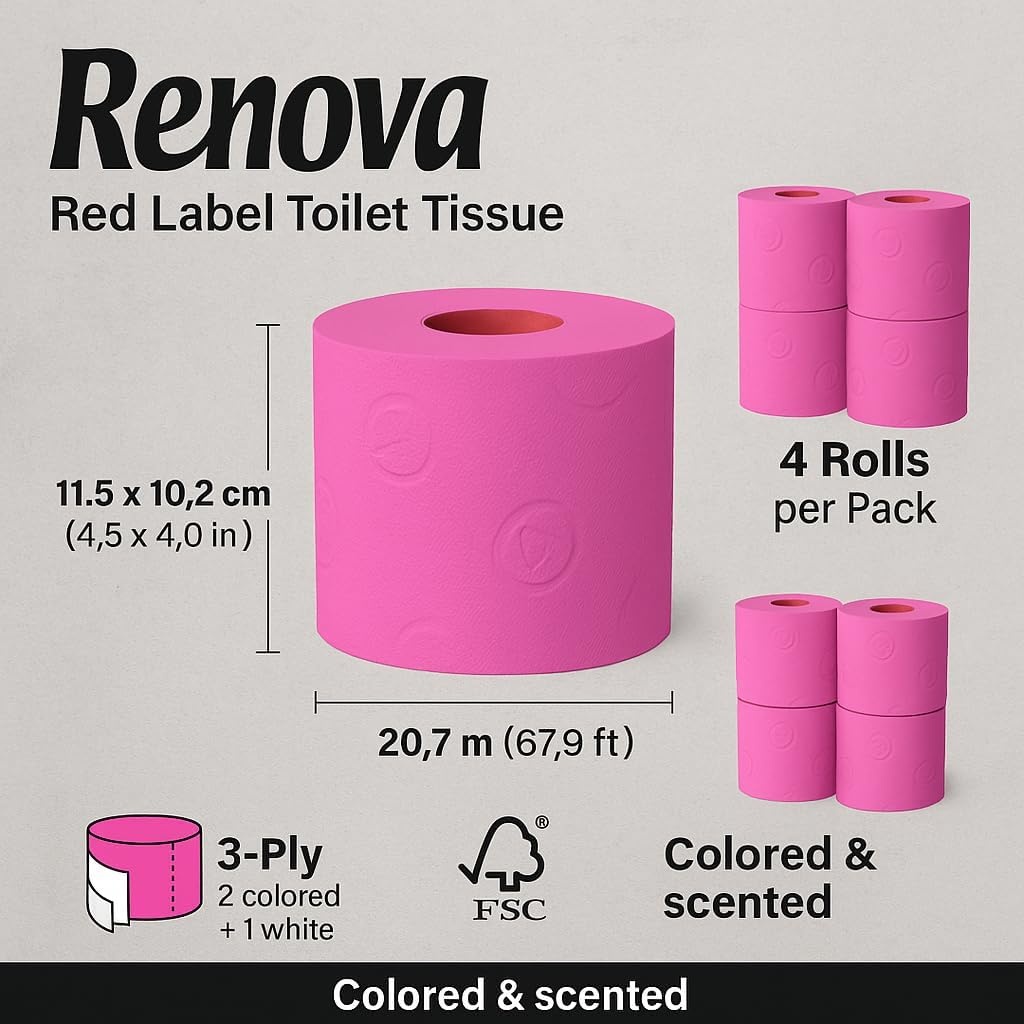 image:imageRenova Colored Toilet Paper 3Ply 4 Jumbo Rolls Per Pack 180 Sheets Per Roll Color Blue Pink Rosa Red Vanilla Lime Green  Multipack Sets Available Red 4 Count 1 PackPink