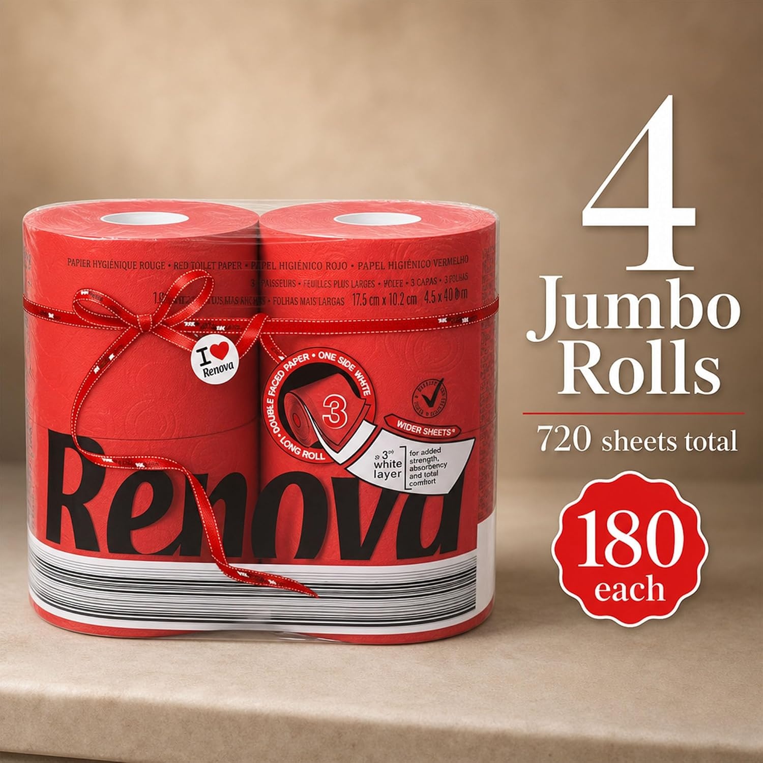 image:imageRenova Colored Toilet Paper 3Ply 4 Jumbo Rolls Per Pack 180 Sheets Per Roll Color Blue Pink Rosa Red Vanilla Lime Green  Multipack Sets Available Red 4 Count 1 PackRed