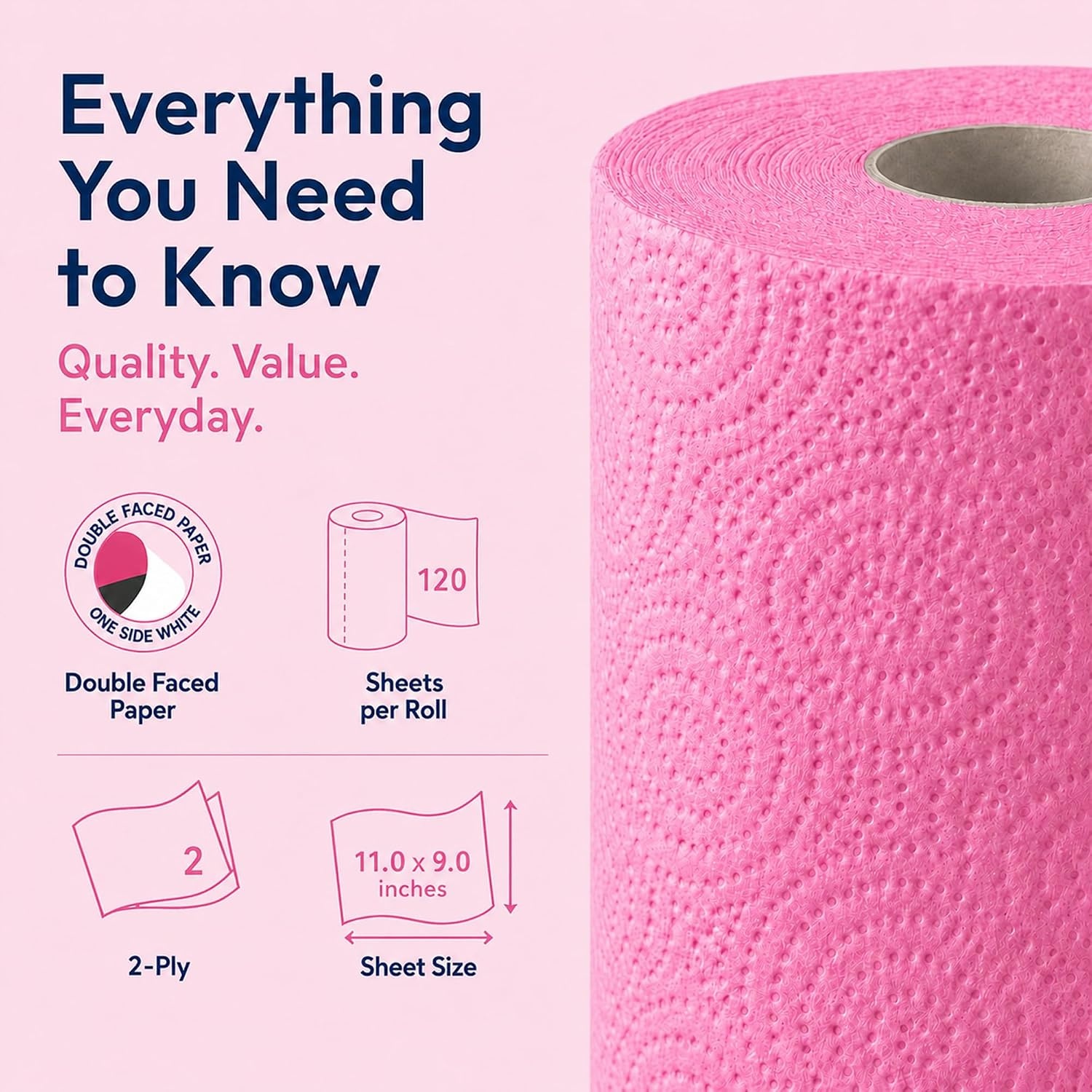 image:imageRenova Colored Paper Towel Jumbo Rolls  2 Ply Sheets for Daily Kitchen Tasks Strong Absorption Compact Roll Design DoubleFaced Paper for Versatile Use 120 Sheets per Roll Pink 3 Rolls