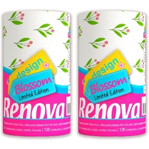 image:imageRenova Kitchen Paper Towels Blossom Design XXL Roll 120 Sheets White Pack of 2Xxl Pack of 2